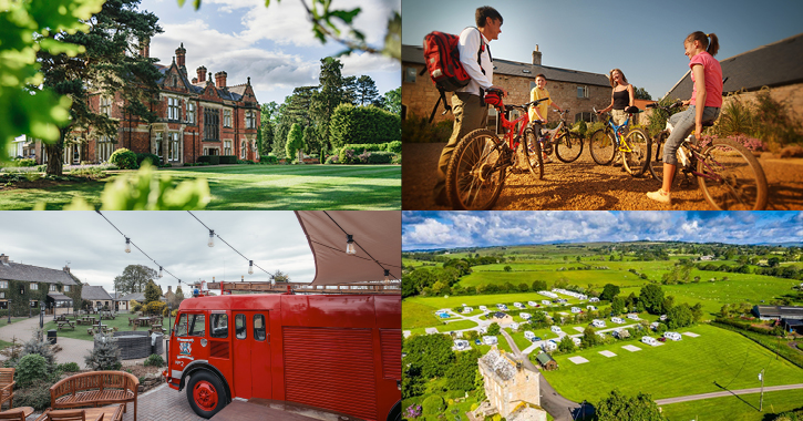 exterior of Rockliffe Hall Hotel, family outside self-catering accommodation on bikes, exterior of South Causey Inn and aerial shot of Doe Park Caravan Site